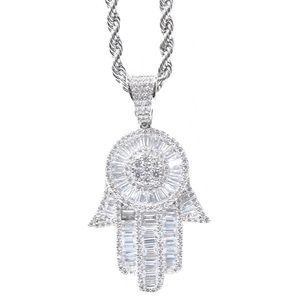 White Gold Baguette Diamond Hamsa Hand Charm Chain